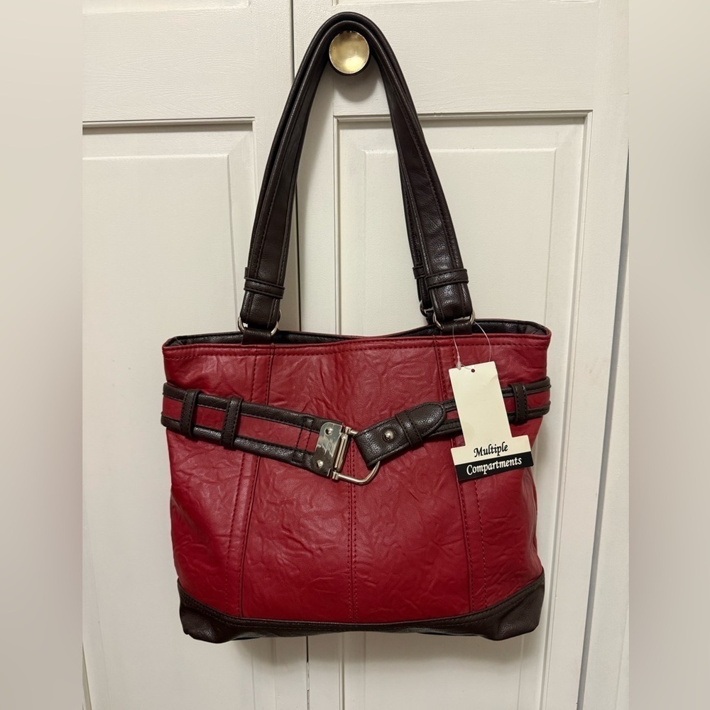 NWT Versona Accessories Brick Red Brown Faux Leather Shoulder Bag Multiple Comp.